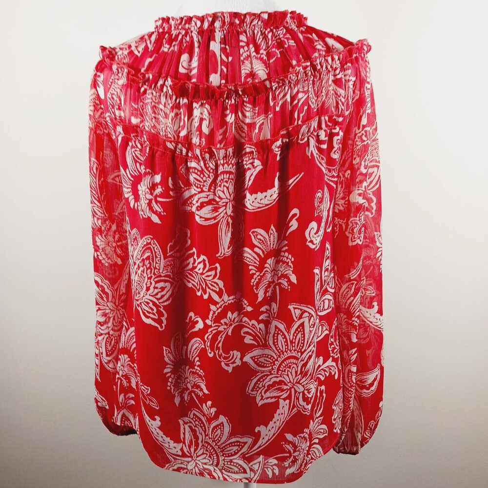 Evereve, M Red and White Print Blouse, Long Sleeve, Tie V Neck Small Ruffle Trim - Picture 4 of 16